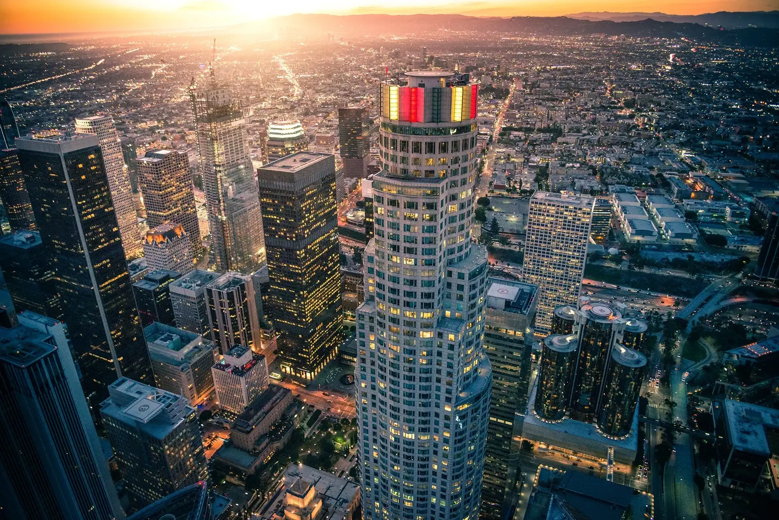 Aerial view of downtown Los Angeles at dusk